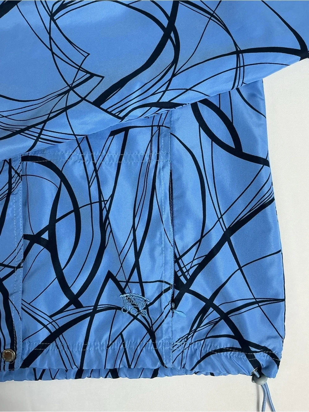 Oleg Cassini Blue Hooded Bomber with Black Abstract Lines